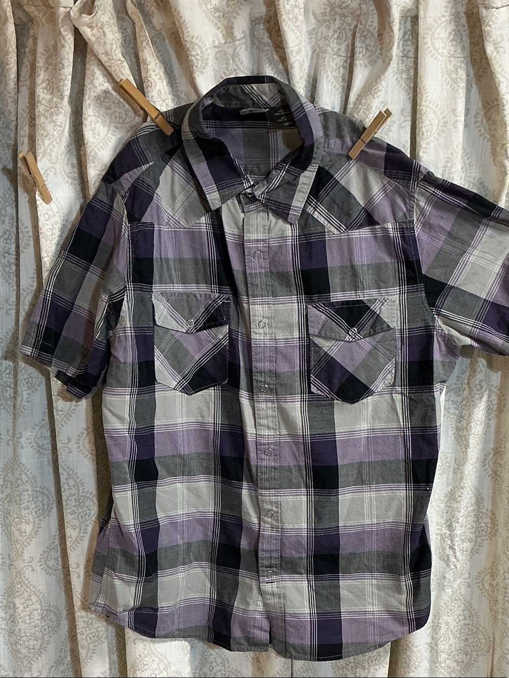 Hang Ten Purple and Black Plaid Short-Sleeve Button-Down Shirt